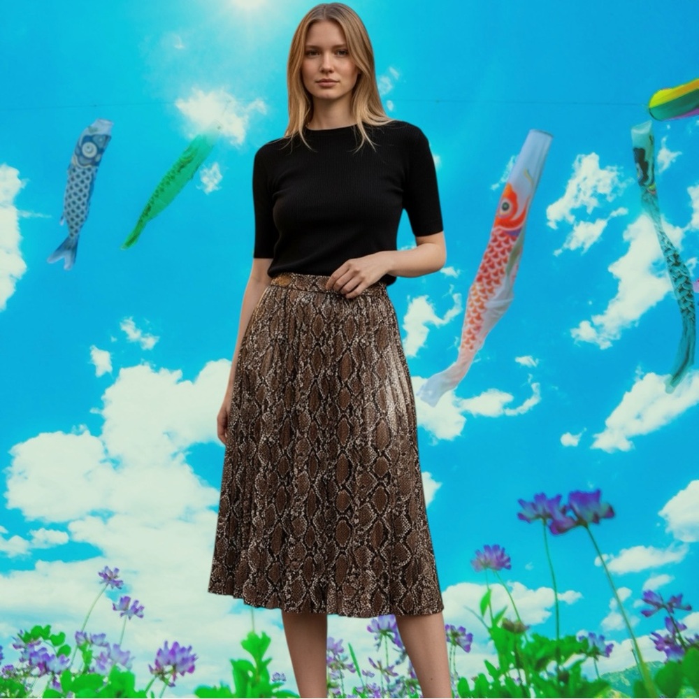 Zara Brown Snake-Print Pleated Midi Skirt - Picture 6 of 17